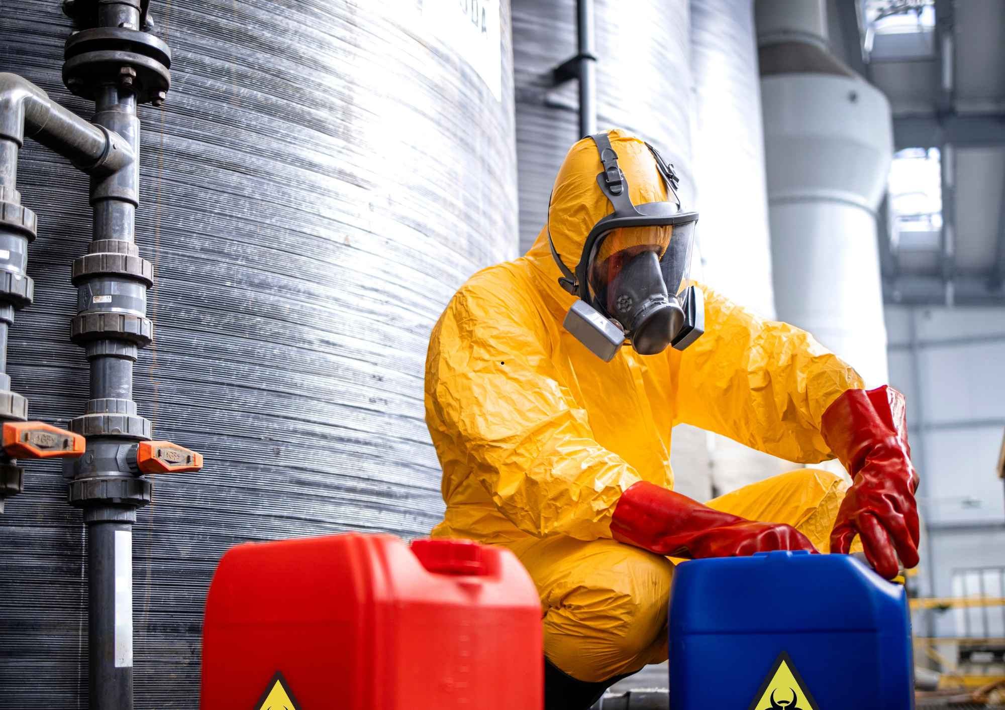 Water-treatment technician wearing protective equipment beside an industrial treatment unit